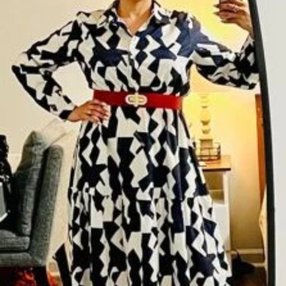 Black & white Geometric Pattern Belted Shirt Dress - Picture 4 of 9